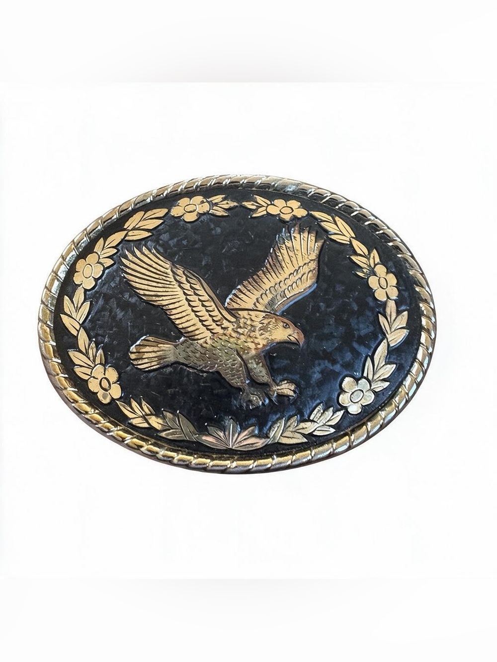 Vintage Western Express Eagle Belt Buckle Gold SilverTone Black Oval Made in USA
